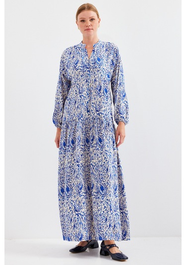 Bigdart Kadın Desenli Saks Viskon Tesettür Elbise 2423 001