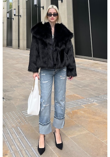 Madmext Siyah Yumuşak Dokulu Kadın Kürk Mont Mg2204 Siyah