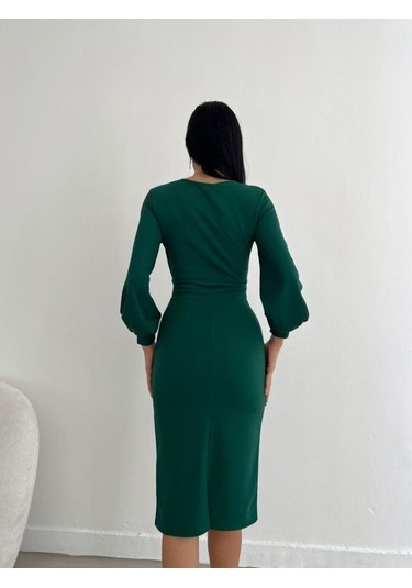 Kadın Kruvaze Yaka Balon Kol Midi Boy Elbise Bediva 001