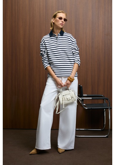 Grımelange Muse Kadın Çizgili Triko Polo Yakalı Regular Fit Lacivert Sweatshirt Lacivert