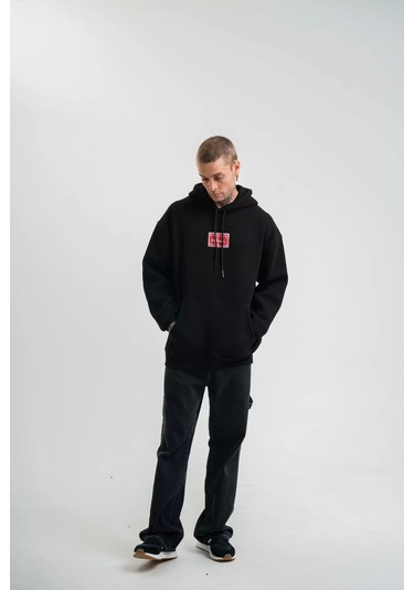 Double Oversize Kapşonlu Dijital Patchli Sweatshirt - Siyah