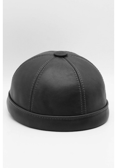 Külah Erkek Gerçek Deri Docker Şapka Siyah Skullcap-Siyah-Standart