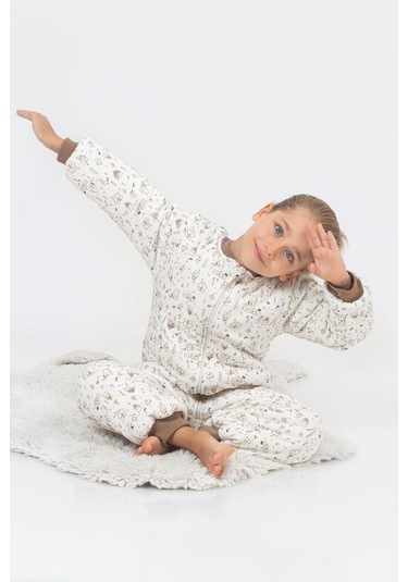 Kız Erkek Çocuk Kalın Elyaf Dolgulu Premium Kalite 2.5 Tog Desenli Uyku Tulumu Ekru - Kahverengi