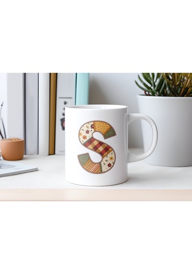 S Harfi Sonbahar Kış Temalı Yamalı Tasarım Kupa Bardak - Etnik Ve Pathwork Severlere Özel Hediye Beyaz