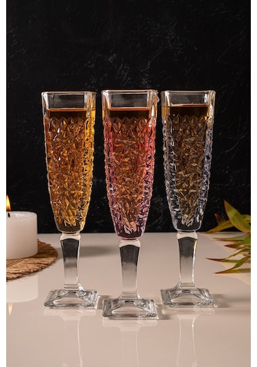 Mest 3 Renk 6'lı Cam Kahve Yanı Su Bardağı Seti 130 Cc Ayaklı Bardak 3 Renk