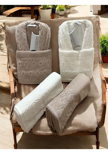 Banyo Çeyiz Seti, %100 Pamuk Bornoz Takımı, 8 Parça Aile Bornoz Seti, Havlu & Havlu Seti Bej-krem Bej