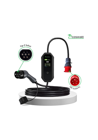 Coswatt Elektrikli Araç Taşınabilir Şarj Cihazı 11 kW-16A-Tip2 Soket-Türkçe Menü-5M-5x16A Fiş-380V AC