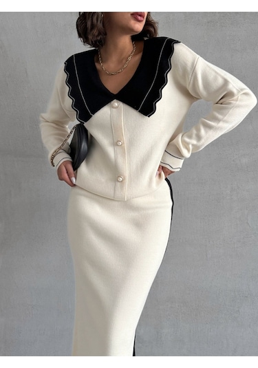 Kadın Bebe Yaka Triko Takım Ekru