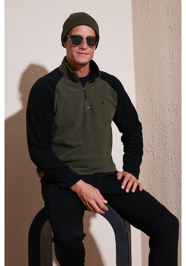 Buratti Slim Fit Yarım Fermuarlı Kışlık Şardonlu Erkek Polar 5906055 Haki