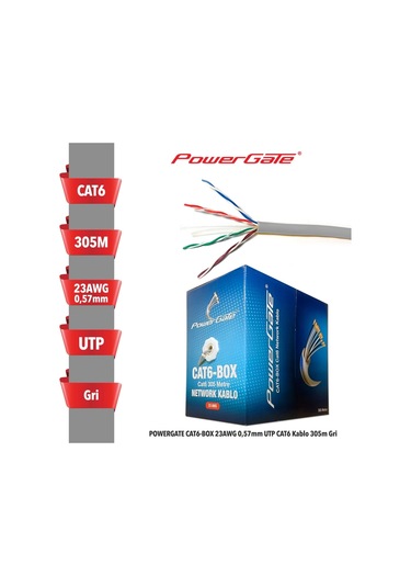 Powergate Cat6-box-gy, 23awg 0,57mm, Utp, Cat6 Kablo, 305m, Gri
