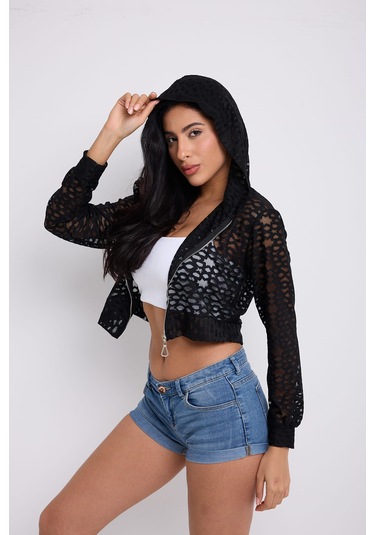 Kapuşonlu Dantel Bluz Siyah