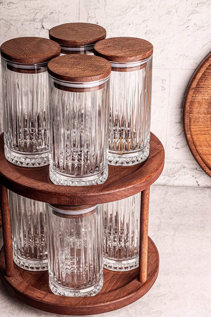 Tomira - 9 Parça Ahşap Döner Standlı Vakumlu Kapaklı Cam Saklama Kabı Baharatlık Seti 450 Ml Ahşap