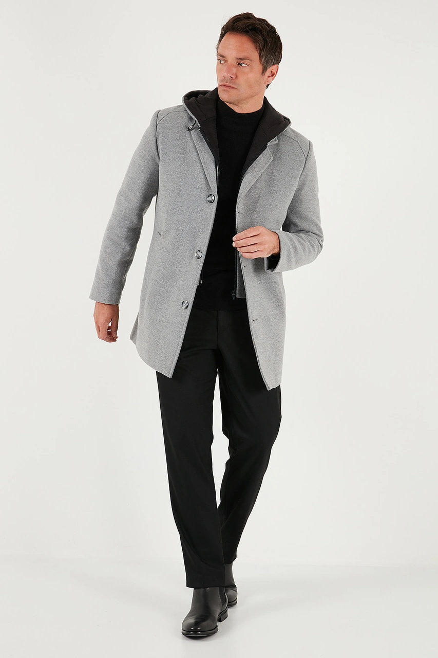 Buratti Çıkarılabilir Kapüşonlu Kırçıllı Slim Fit Kaşe Erkek Kaban 5841013 Gri