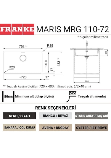 Franke Mrg 110-72 Granit Eviye. Bianco. Tezgahaltı. Tek Hazne. 72 x 40 CM