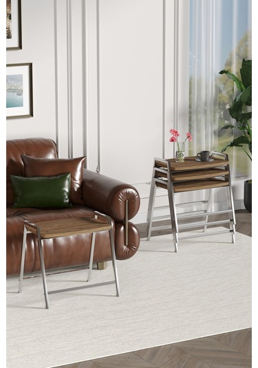 Zigon Sehpa , Aden 4'lü Tepsi Zigon Sehpa Takımı Gümüş Metal - Atlantik Çam Tabla Gümüş-atlantik Çam