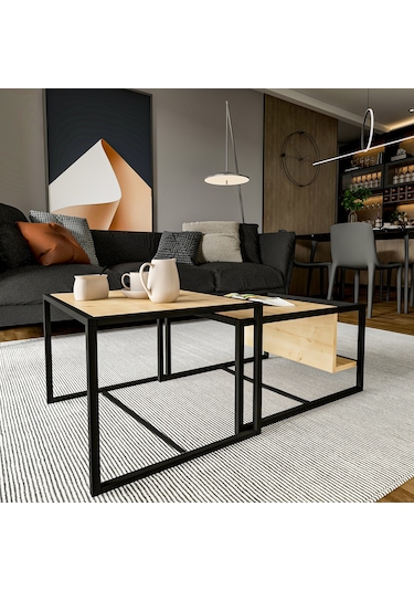 Batı 2 Li Modern Orta Sehpa Takımı Metal Ayaklı, Alt Raflı Safir Meşe