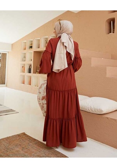 6567-büzgülü Bağcıklı Elbise Kiremit Kiremit