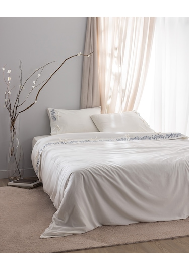 Madame Coco Relief King Size %100 Pamuk Bağlamalı Nevresim Takımı - Ekru/lacivert Çok Renkli