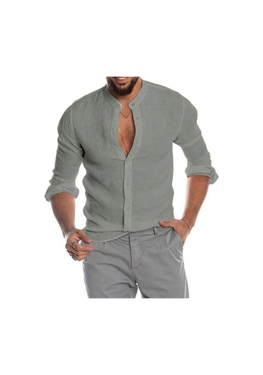 Gri Erkek Pamuklu Keten Uzun Kollu Henley Gömlek Rahat Bol Düğmeli Üstler Tişört Gri