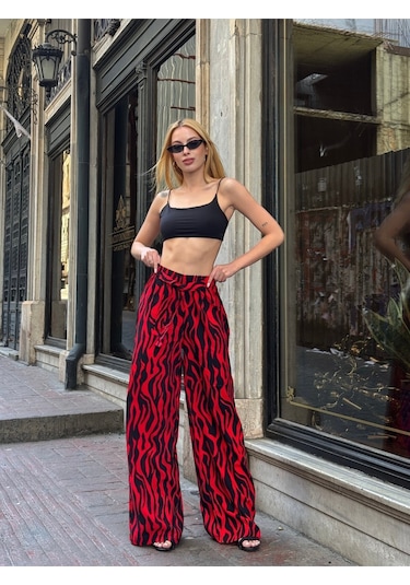 Kadın Yüksek Bel Kuşaklı Desenli %100 Viscose Pamuk Geniş Paça Şık Casual Büyük Beden Curve Pantolon Kırmızı