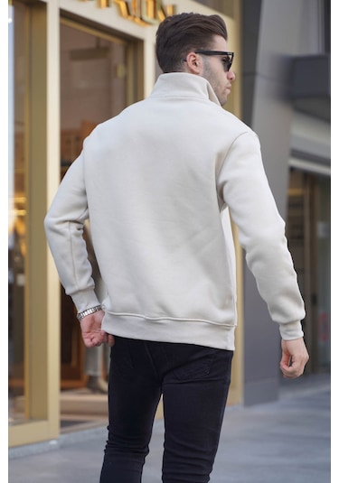 Madmext Bej Fermuar Yaka Nakışlı Sweatshirt 6028 Bej