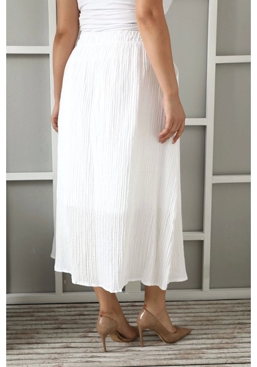 Büyük Beden Kadın Astarlı Müslin Kumaş Düğmeli Cepli Uzun Etek Beyaz
