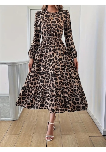 Emh Store Uzun Kollu Bisiklet Yaka Leopar Desenli Midi Süprem Elbise Leopar