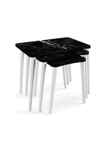 Zuesse Dizayn Beyza 3lü Zigon Sehpa & Yan Sehpa Beyaz Ahşap Ayaklı Salon Seti Çay Sehpası - Siyah Mermer
