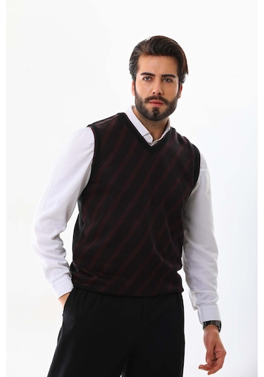 Pelikan Erkek Çizgili V Yaka Süveter 9625 Bordo
