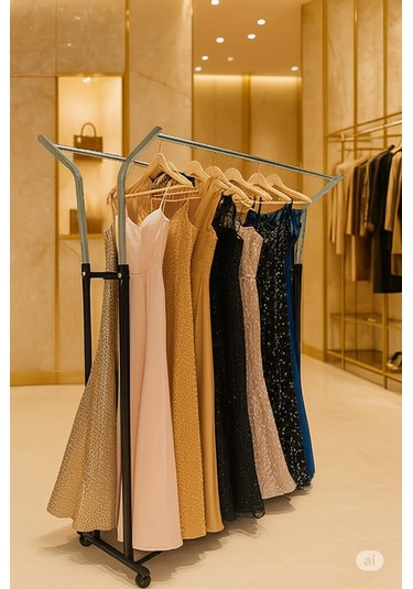 V Ayarlı 125 Cm En Çelik Konfeksiyon Elbise Askılık Tekerli Portatif E Raf Home Hanger Siyah