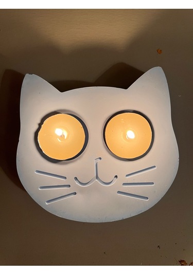 Mavi Kedi Şekilli Beton Mumluk - El Yapımı Dekoratif Çay Işığı Tealight Mumluk - Minimalist Kedi Tem Mavi