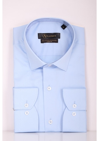 Aclassics Erkek Mavi Slim Fit Saten Pamuk Cepsiz Gömlek