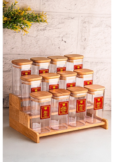 Snippy Lunver - 12'li Ahşap Standlı Vakumlu Etiketli Akrilik Saklama Kabı Baharatlık Seti 350 Ml Ahşap