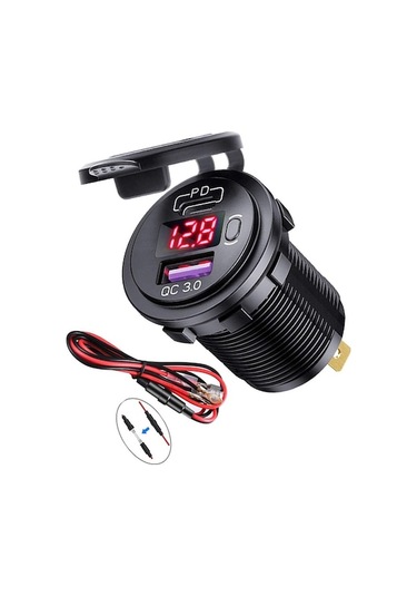 Novahub Kırmızı Pd Tip C Qc 3.0 Usb Araç Hızlı Şarj Güç Çıkışı Soketi İle On/off Anahtarı Ve Motosiklet Deniz Rv Atv İçin Led Voltmetre Kırmızı