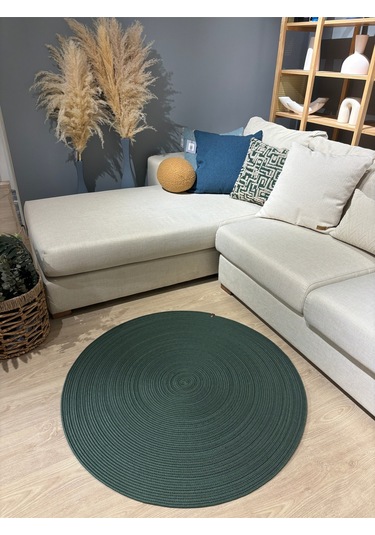 Jüt Yuvarlak Hasır Görünümlü Klasik Halı Kilim Yeşil