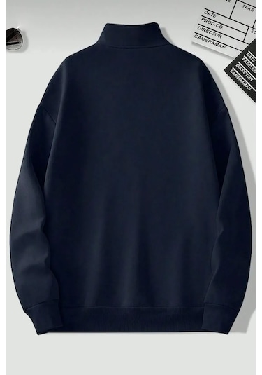 Dik Yaka Yarım Fermuarlı Düz Kazak Sweatshirt - Lacivert