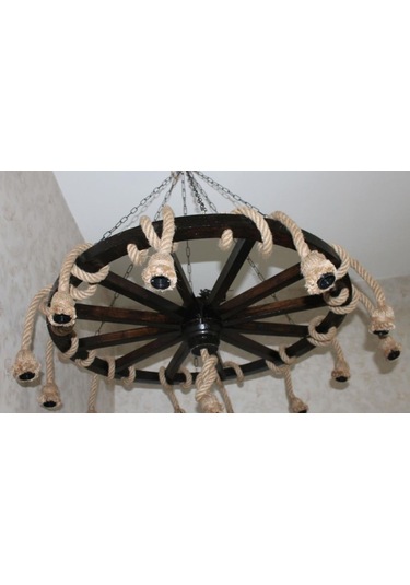 Otantik Çarşı Ahşap Halatlı Teker Avize 100 Cm. 13'lü Serbest Sarkıtlı