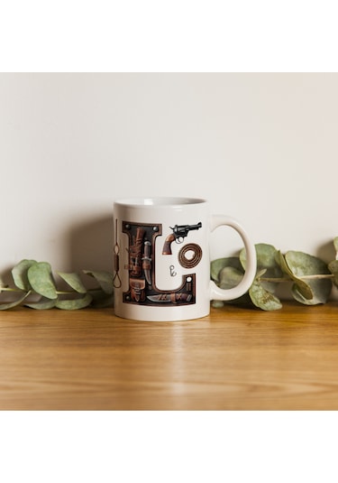 L Harfi Kovboy Temalı Bardak 330 Ml İsim / Harf Kişiye Özel Hediye - Vahşi Batı Konsept Beyaz