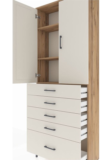 Arges Dolap 3 Raflı 5 Çekmeceli 2 Kapaklı 88x30x221 Çam-aytaşı Çam