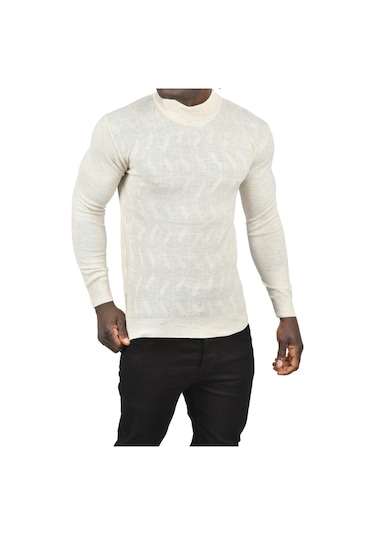 Deepsea Erkek Bej Dar Kesim Yarım Balıkçı Yaka Desenli Triko Yarım Boğazlı Kazak 2505505 Bej