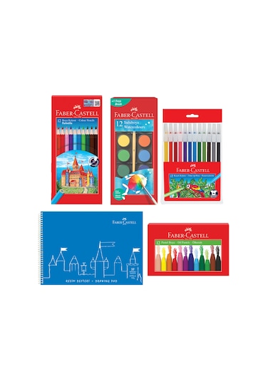 Faber-Castell Boyama Seti ve 25x35 Resim Defteri – Sulu, Pastel, Keçeli, Kuru Boya ile (Karma Renk Gönderilir)