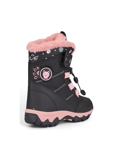 Günlük Kız Çocuk Kar Botu Cırtlı Lastik Bağcıklı Kürklü Desenli Kalın Tırtıklı Taban Bootie 014 Siyah Pembe
