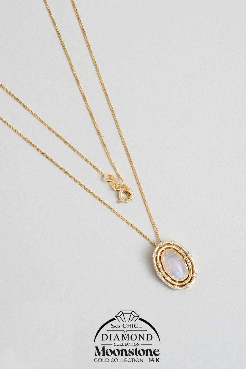 Ay Taşlı 14 Ayar Sarı Altın Pırlanta Kolye