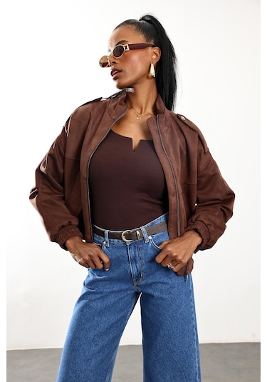 Kahverengi Süet Bomber Ceket D99806 Kahverengi