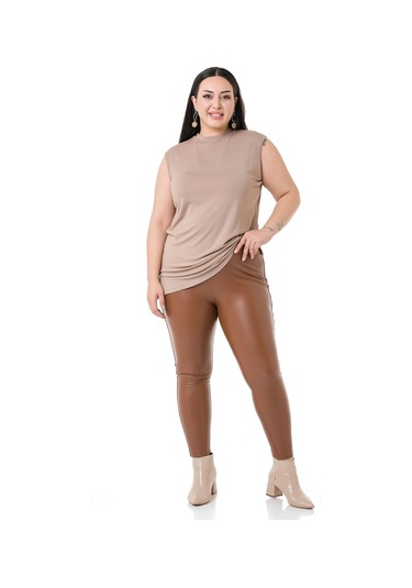 Disentis Büyük Beden Beli Lastikli Bilek Hizasında Panelli Deri Tayt Kahverengi