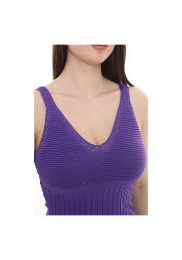 Monox Kadın Bluz V Yaka Gofre Nakışlı Yazlık Triko Atlet Mor