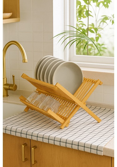 Bambu Tezgah Üstü Organizer 43x34 Cm Doğal Bulaşıklık Ve Mutfak Düzenleyici Bambu