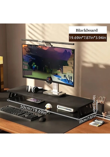 Motion003 Ergonomik Ahşap Monitör Standı Siyah Raf Yazı Tahtası 50 Cm Büyük Çift Ekran Masa Rafı