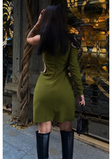 Kadın Yeşil Tek Kol Taşlı Dokuma Mini Elbise Yeşil