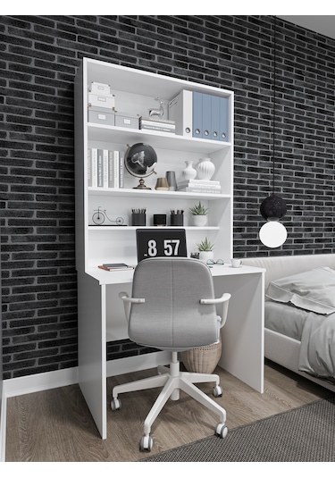 Asra Trend %100 Mdflam Raflı Çalışma Masası Bilgisayar Ofis Ders Masası Çm-03 Beyaz